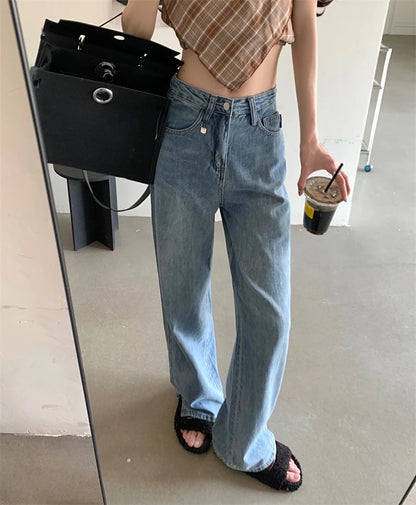 High Waist Wide Leg Straight Jeans Women's Summer 2023 New Loose Fit Design Sensation Small ence Split Floor-Length Pants