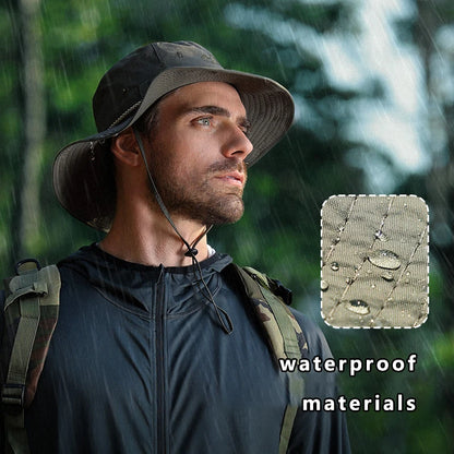 Men Bucket pălărie scrisoare de broderie etichetă din piele cowboy pălărie impermeabilă exterioară exterioară capac de pescuit ușor 8cm brim anti-uv pălărie de soare