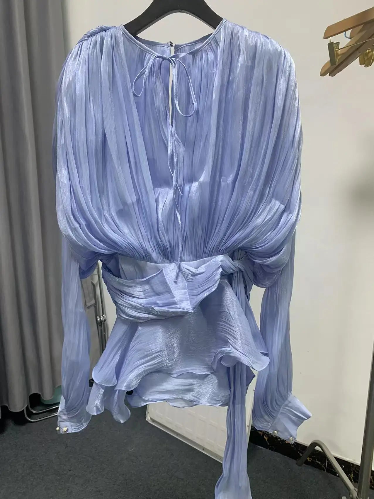 Galcaur Solid Loose Splicd Lace Up Dresses For Women V Neck Lange ermer Patchwork Ruffles Tunika Dreses Female Fashio Ny