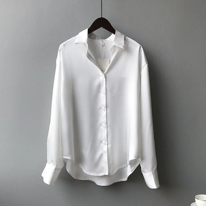 Spring Fashion Button Up Satin Seidenhemd Vintage Bluse Frauen weiße Tops Lady Long Sleeves weibliche losen Straßenhemden 11355