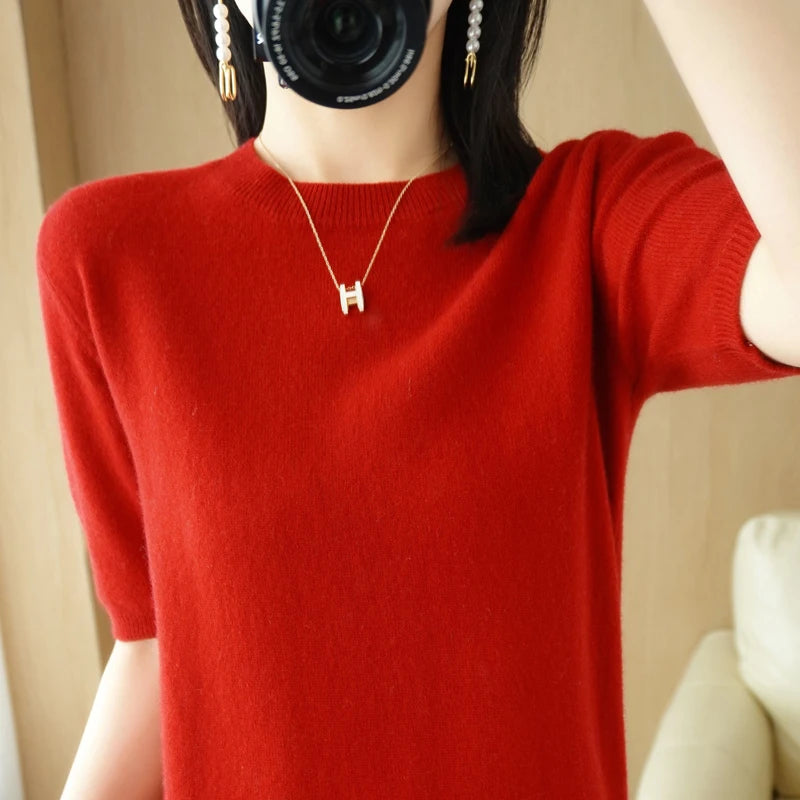 Spring 2022 New Women's O-Neck Short-Sleeved Exquisite Cashmere Sweater Pullover