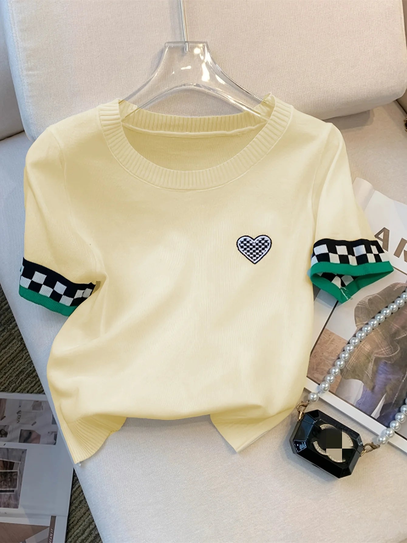 Nyt sommerhjerte mønster ribbed pullover sweater afslappet kontrast trim besætning hals kortærmet sweater kvinder tøjafgrøde top