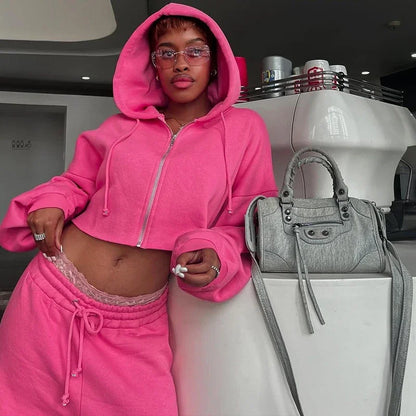 Y2K modă europeană și americană cu glugă scurtă pentru femei Costum sportiv subțire cu mâneci lungi de top cu curea cu centură pantaloni sportivi la modă