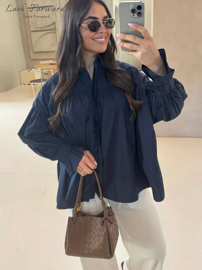 Casual Shirts Women Loose Lantern Sleeve Buttons Turn-Down Collar Pleated Blouse Lady Spring Summer Green Shirts Woman All-match
