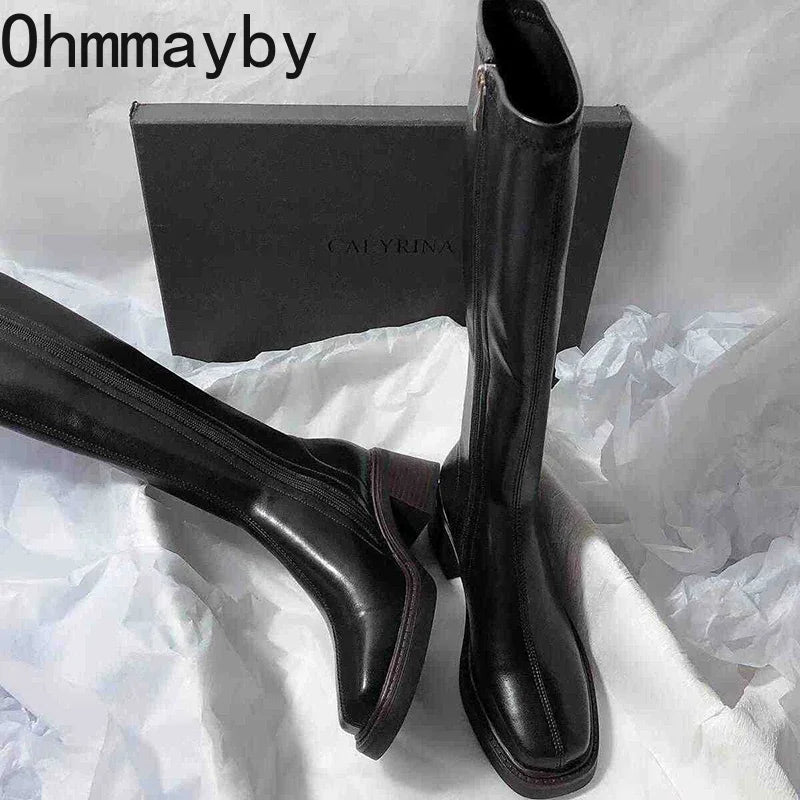 Vintage talon épais femmes genoue bottes hautes mode glissières