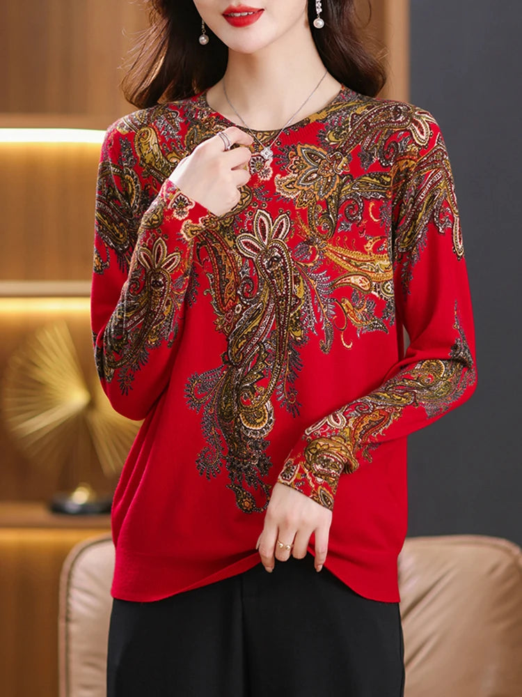 YISU 2023 Fashion Printed Sweater Pullover Women Autumn Winter Soft Loose O-Neck Long Sleeve Knitted Jumpers Sweater Women