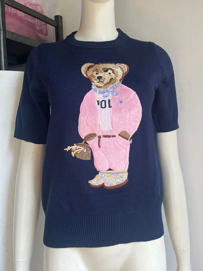 Eurooppalainen tyylinen luksusbrändi löysä O-kaula-aukkoa Pullover Tops Neule Woman Lyhythihainen T-paita Ladies Wooleulottu villapaita