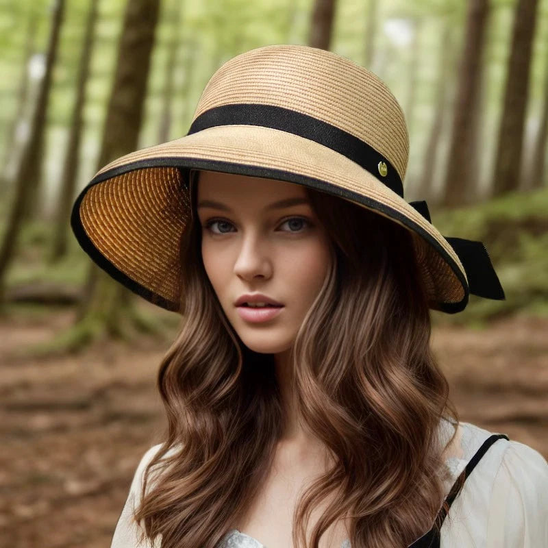 Women's Handmade Summer Sun Hat, Big Black Bow, Large Eaves Beach Straw, Nature Cap, Temperament Flat Collapsible Hat