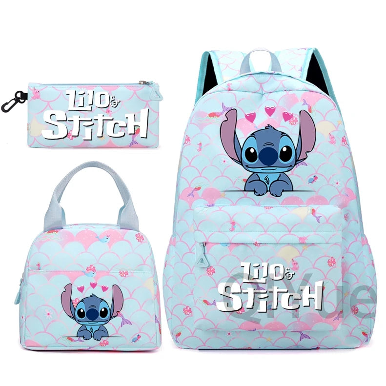 Disney Lilo Stitch Backpack Set for Girl Teen Student Back To School Knapsack Women Rucksack Mermaid Style Lunch Bag Pencil Case