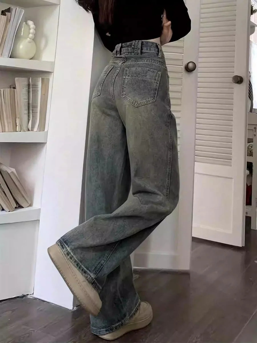 「MD」2024 New Retro Jeans Women Irregular High Waist Slimming Wide Leg Mop Long Pants Fashion