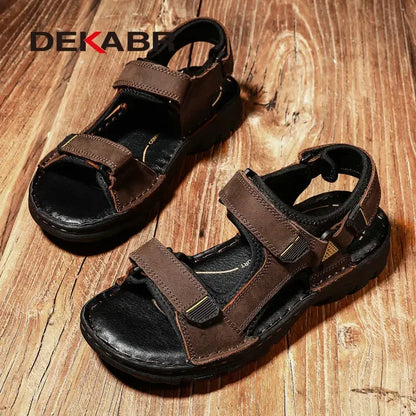 DEKABR Men Genuine Leather Sandals Summer Beach Breathable Fisherman Shoes Slipper Style Soft Bottom Flat Shoes Plus Size 38~48