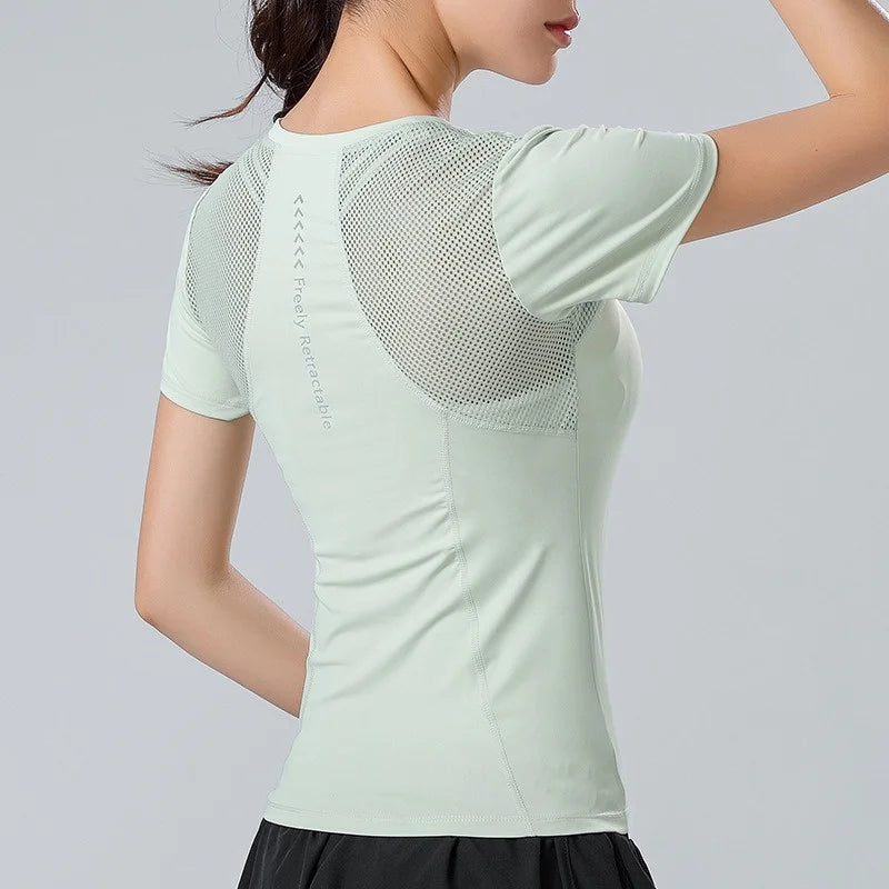 Pofybofy Mesh Stitching Reflectiv Strip Back Dry Dry Elastic Elastic Respirabil de bază cu mânecă scurtă cu mânecă Yoga Tricou Femei Gimnastică Fitness Top