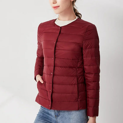 2024 Fall Spring Autume Collarless Light Quilted Puffer Coat New Women Liner Duck Down Jacket O-neck Variable V-neck Female