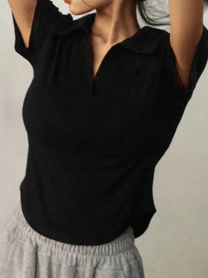 Summer Short Sleeve Lapel Top Women's Solid V-hals tröjor Retro söta skjortor Hot Girl Crop Top Kvinnlig Slim Merveile Tee