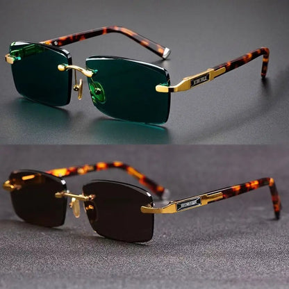 Retro Frameless Men's Sunglasses Green Crystal Stone Cycling Goggles Leopard Print Outdoor Sunglasses Driving Glasses Eyewear