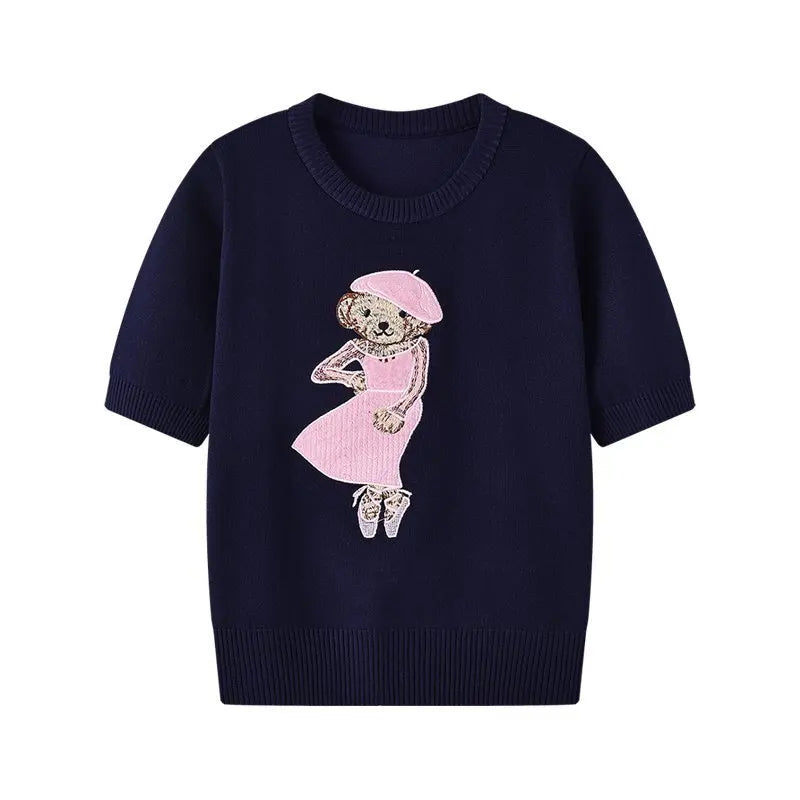 Eurooppalainen tyylinen luksusbrändi löysä O-kaula-aukkoa Pullover Tops Neule Woman Lyhythihainen T-paita Ladies Wooleulottu villapaita