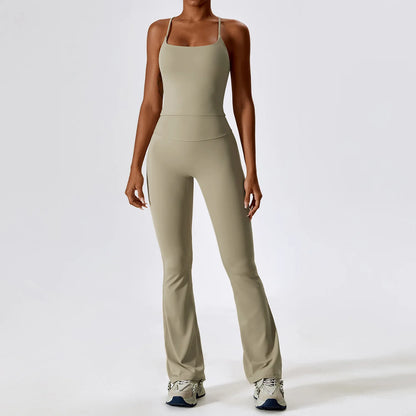 Women Tracksuit Gym Yoga Suit 2PCS Tight Fitting Sports Set Workout Breathable T Shirts Bra Tank Top Loose Bell-bottoms Leggings