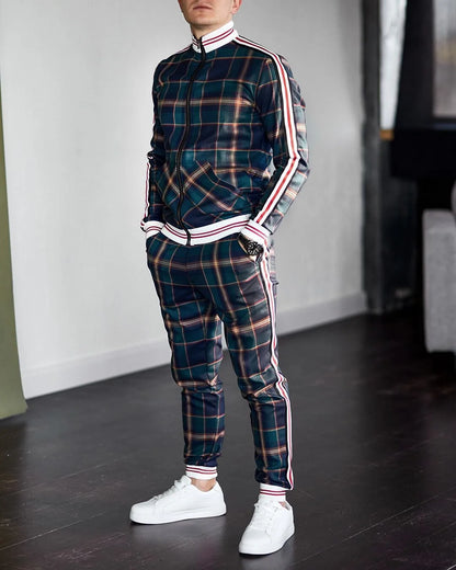 2025 Herbst Herum Männer Tracksuit 2pc Set Plaid Zipper Sweatshirt Jacke Langes Hosen Freigelegte Fitnessstudio Running Jogging Outfit Fleece Sportswear
