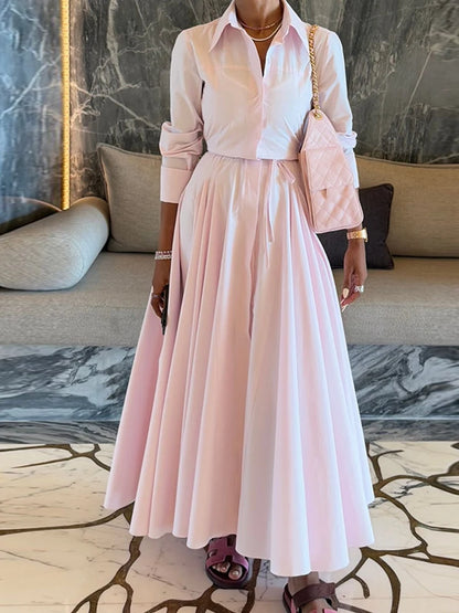 Elegant Solid Shirt Maxi Skirt Dress Set Women's Formal Long Sleeve Lapel Shirts A-line Skirts Loose Fit Office Female Outfit