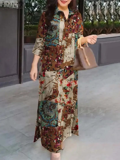 Zanzea Kvinder 3/4 ærme Lange kjoler Fall 2024 Fashion Lapel Neck Cotton Shirtdress Vintage Floral Print Maxi Shirt Dress Ny i