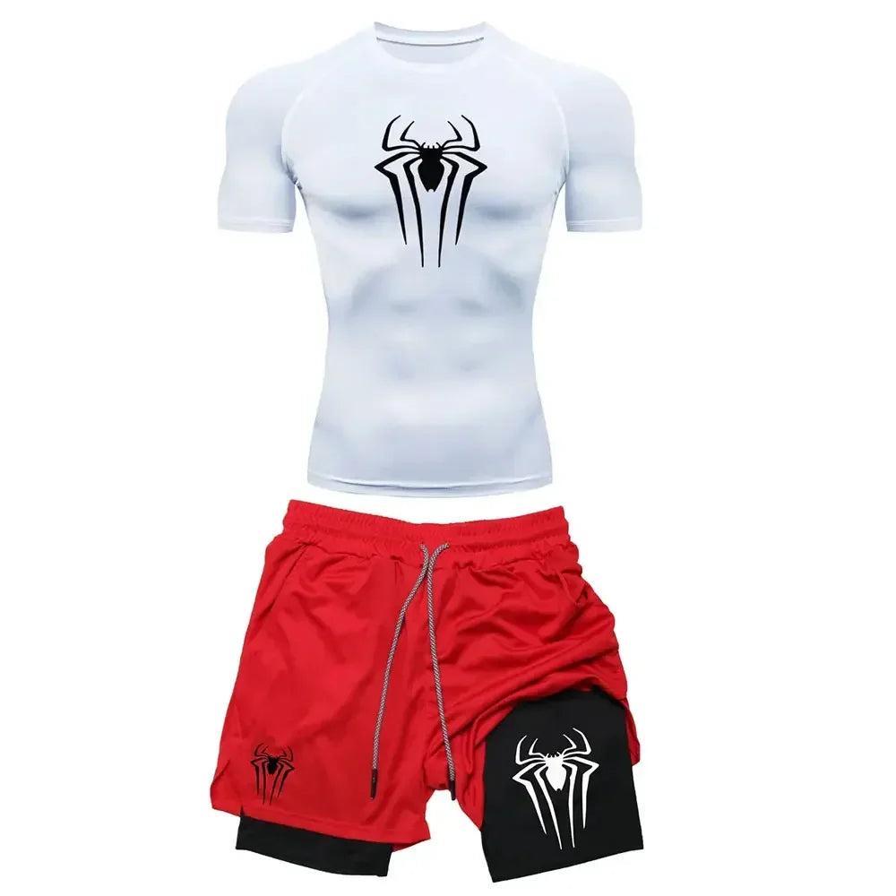 Herrträningskomprimering set y2k spindel tryckt gym tshirts andningsbara löpning shorts snabb torr sport utslag skydd sportkläder set