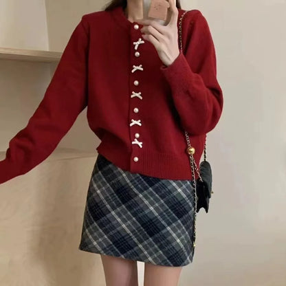 Cute Sweet Bow Pearl Buttons Loose Sweater Women Korean Preppy Style Autumn Spring Long Sleeve O Neck Knitted Cardigans Coats