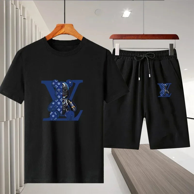 Ny 2025 Summer Leisure Men's Sports Suit Outdoor vandring Jogging Men's Short Sleeve Breattable T-shirt + Shorts Two-Piece Set