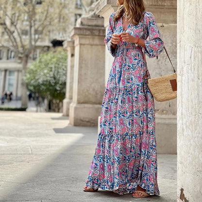 Frauen Herbst neue modische gedruckte sexy V-Ausschnitt Langhülse hohe Taille elastische Taille mittlere Länge Bohemian Kleid