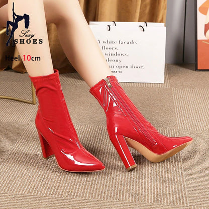 Red Ankle Boots For Women 2025 Spring New Side Zip Pointy Toe Shoes British Style Lady Short Boots Woman 10CM Leather High Heels