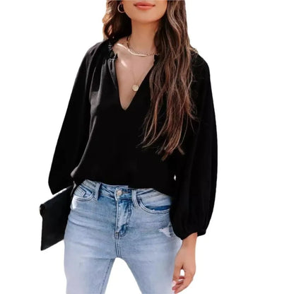 Casual V-neck long sleeved solid color shirt T-shirt for spring and autumn women fashionable and elegant commuting versatile top