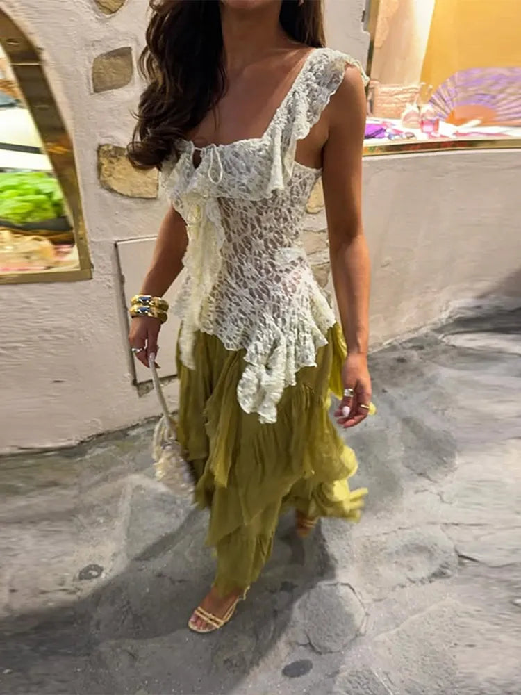 Tyylikäs röyhelöhame pitsi Top Set Naiset Hihaton Hollow Out Vest Cascading Ruffles Pitkät hameet puku 2025 Summer Chic Lady Setes