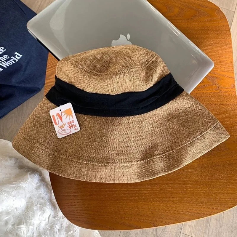 Old Money Style Cotton Linen Sun Hats Women Travel Breathable UV Protection Hat Summer Beach Quiet Luxury Wide Brim Bucket Hats