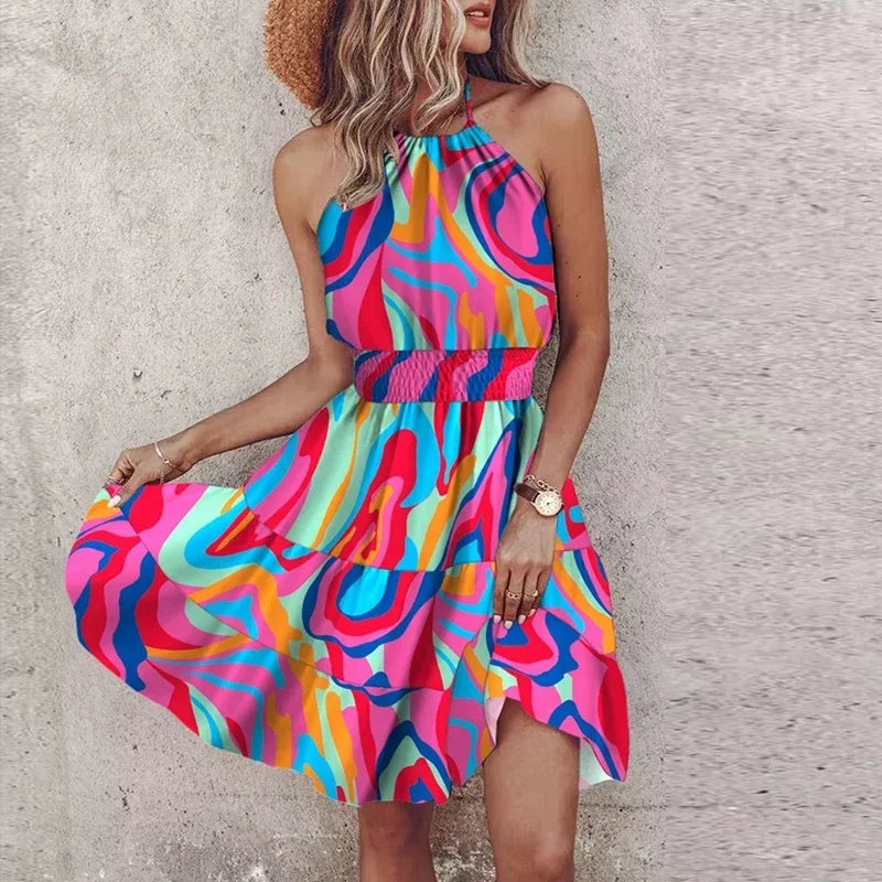 Summer Floral Print Mini Dress Women Sexy Halter Short Dresses For Women Casual Sleeveless  Beach Holiday Dress Boho Style Femme