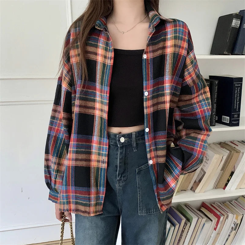 Koszula w kratę Kobiety jesienne długie rękawie Top żeńska moda moda pojedyncza piersi panie w stylu Preppy Style luźne koszule