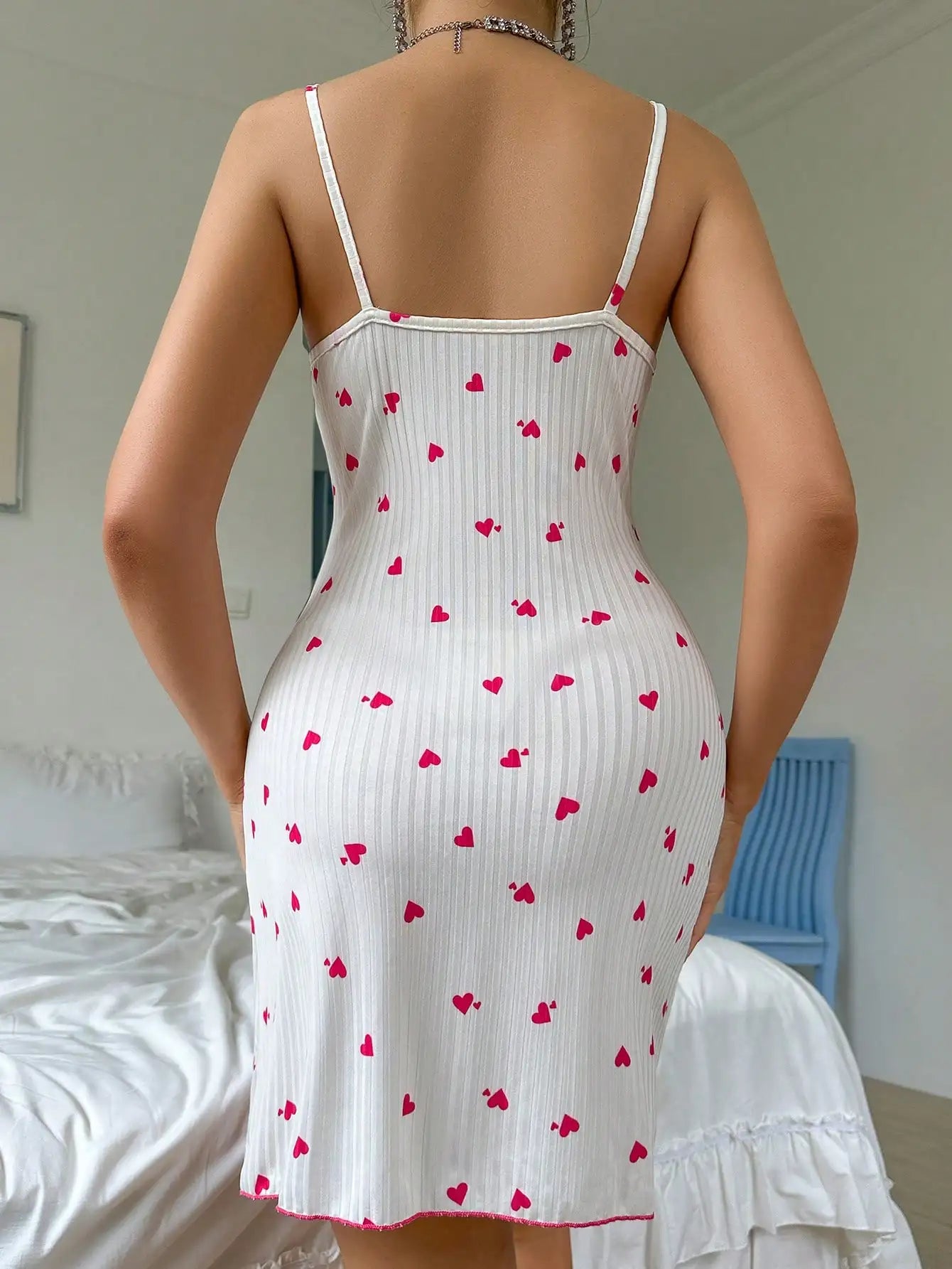 Sexet hjerteprint blonder trim natkjole kvinders ærmeløs camisole søvnkjole blød komfortabel sommer hjemmebærer lingeri