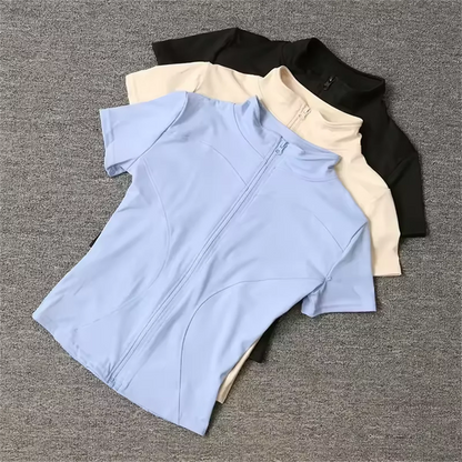 Kvinnor Summer Slim Yoga Tops Stand Collar Full dragkedja Korta ärmar Skjortor Solid träningskläder Gym Lunning Coats Lady Casual