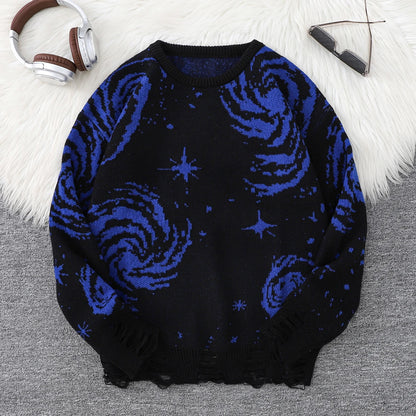 Novo Popular Street Ripped Ripped Starry Sky Padrão Pullover rasgado suéter casual Round Neck Knit