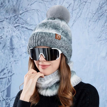 2pc/Set Winter Warm Ear Protecting Knitted Cap Scarf Fleece Thickened Gradient Color Knitted Woolen Cap Pom Ball Pullover Cap