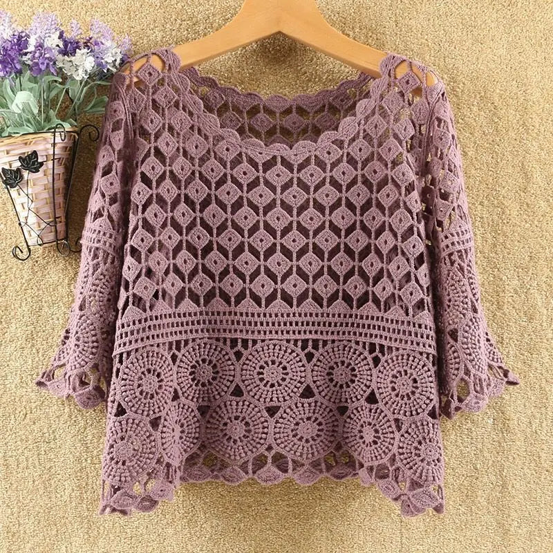 Women 2025 Spring Summer New Hook Flower Hollow Loose Pullovers Female Shawl Knitted Tops Ladies Short Jumper Sweater Tops W38