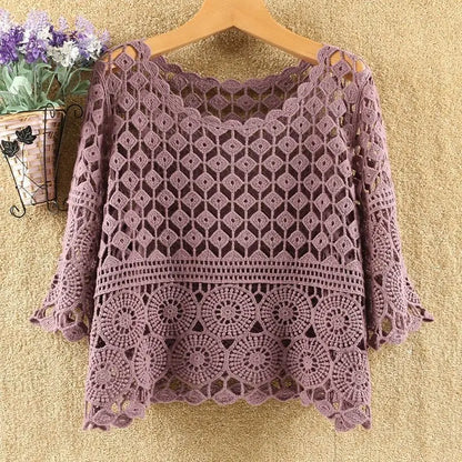 Women 2025 Spring Summer New Hook Flower Hollow Loose Pullovers Female Shawl Knitted Tops Ladies Short Jumper Sweater Tops W38