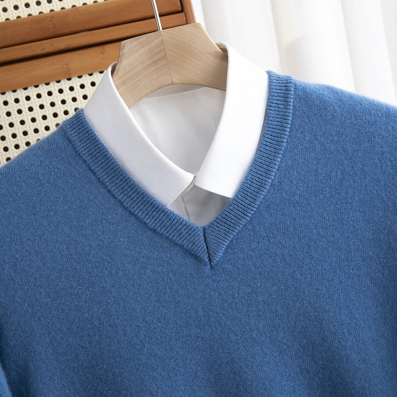 Men 100% Merino Wool Sweater V-Neck Pullover Autumn Winter Cashmere Warm Solid Knitwear Clothes Business Bottoming Soft Tops