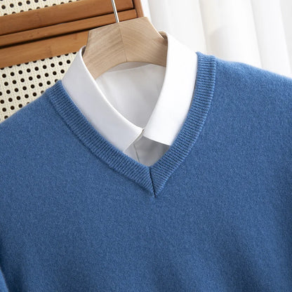 Men 100% Merino Wool Sweater V-Neck Pullover Autumn Winter Cashmere Warm Solid Knitwear Clothes Business Bottoming Soft Tops