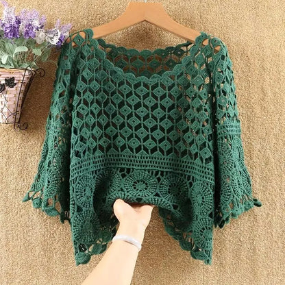 Women 2025 Spring Summer New Hook Flower Hollow Loose Pullovers Female Shawl Knitted Tops Ladies Short Jumper Sweater Tops W38