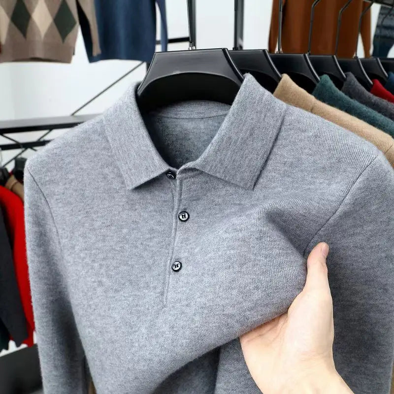 Älykäs rento syksyn talvipaita miehet Solid Lapel Button Simplicity Muoti Ylellinen pitkähihainen pullovers -neulotut topit