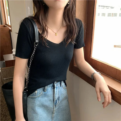 Grundlæggende V-hals solid tynd sommer pullover kvinder kvinde strikket ribbed sweater slank kortærmet bodycon sweater