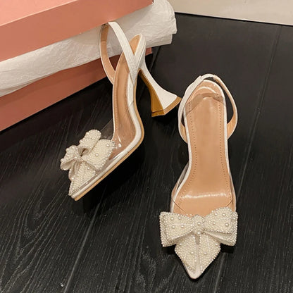Liyke Fashion Design White Pearl Bowknot Mujeres Pombas Sexy Toes puntiagudos Tacones altos PROMA DE PROMA DE VERTE
