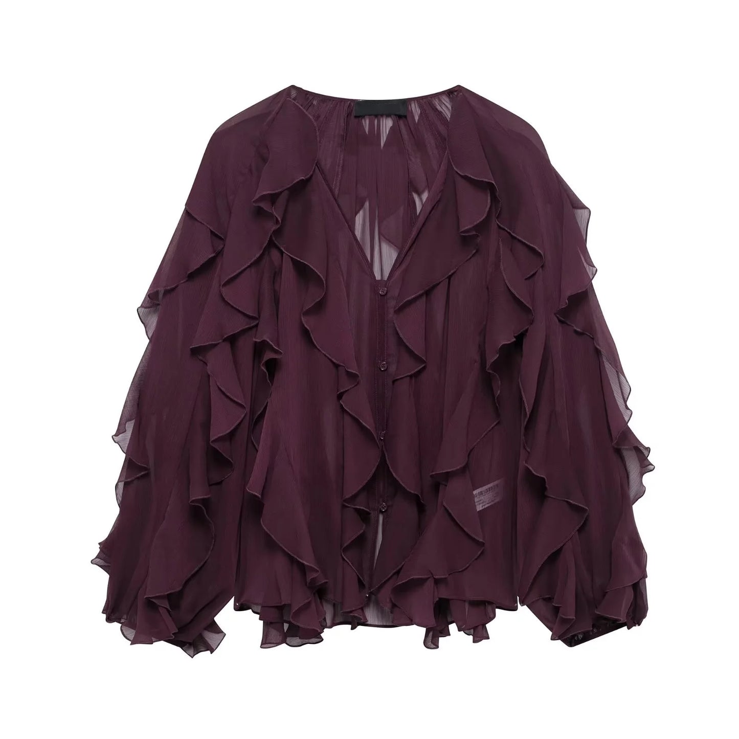 Tangada Women Wine Red Ruffles Shirt Langærmet 2025 Fashion Oversized Blouse Tops 3H0011