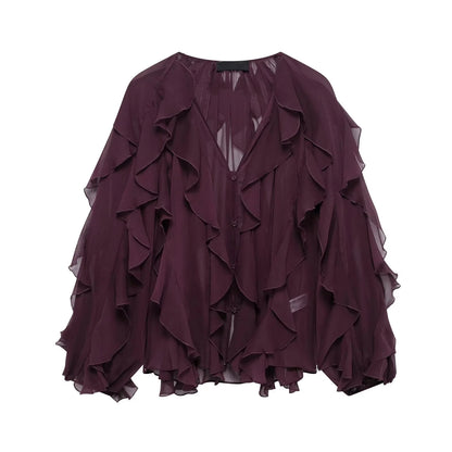 Tangada Women Wine Red Ruffles Shirt Langærmet 2025 Fashion Oversized Blouse Tops 3H0011