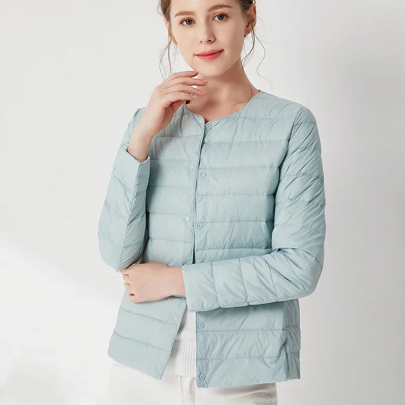 2024 Fall Spring Autume Collarless Light Quilted Puffer Coat New Women Liner Duck Down Jacket O-neck Variable V-neck Female