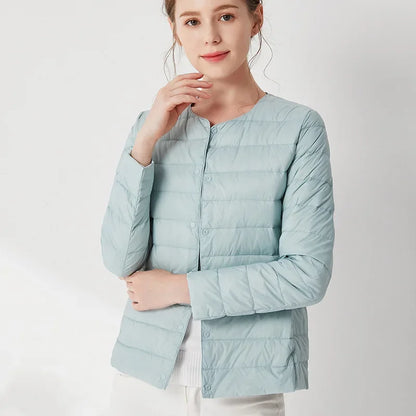 2024 Fall Spring Autume Collarless Light Quilted Puffer Coat New Women Liner Duck Down Jacket O-neck Variable V-neck Female